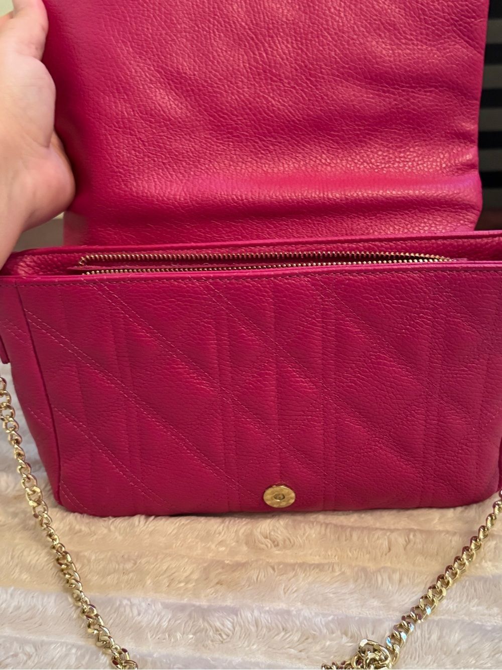 Anna Paola Genuine Italian Leather Quilted Crossbody Bag Pink Gold Chain - Picture 6 of 11
